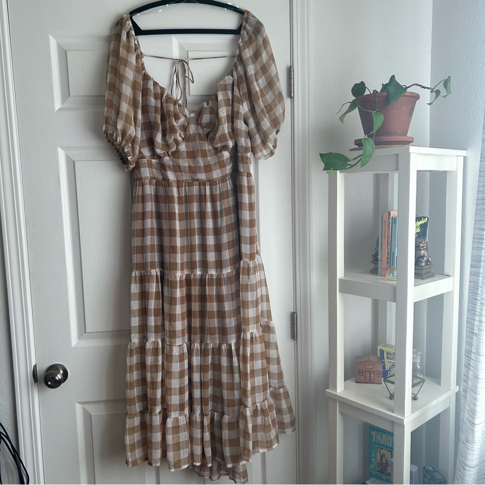 Ashley Stewart Brown and White Checkered Maxi Dress